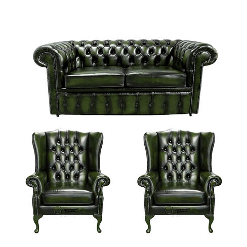 Chesterfield 2 Seater Sofa + 2 x Mallory Wing Chairs Leather Sofa Suite Offer Antique Green