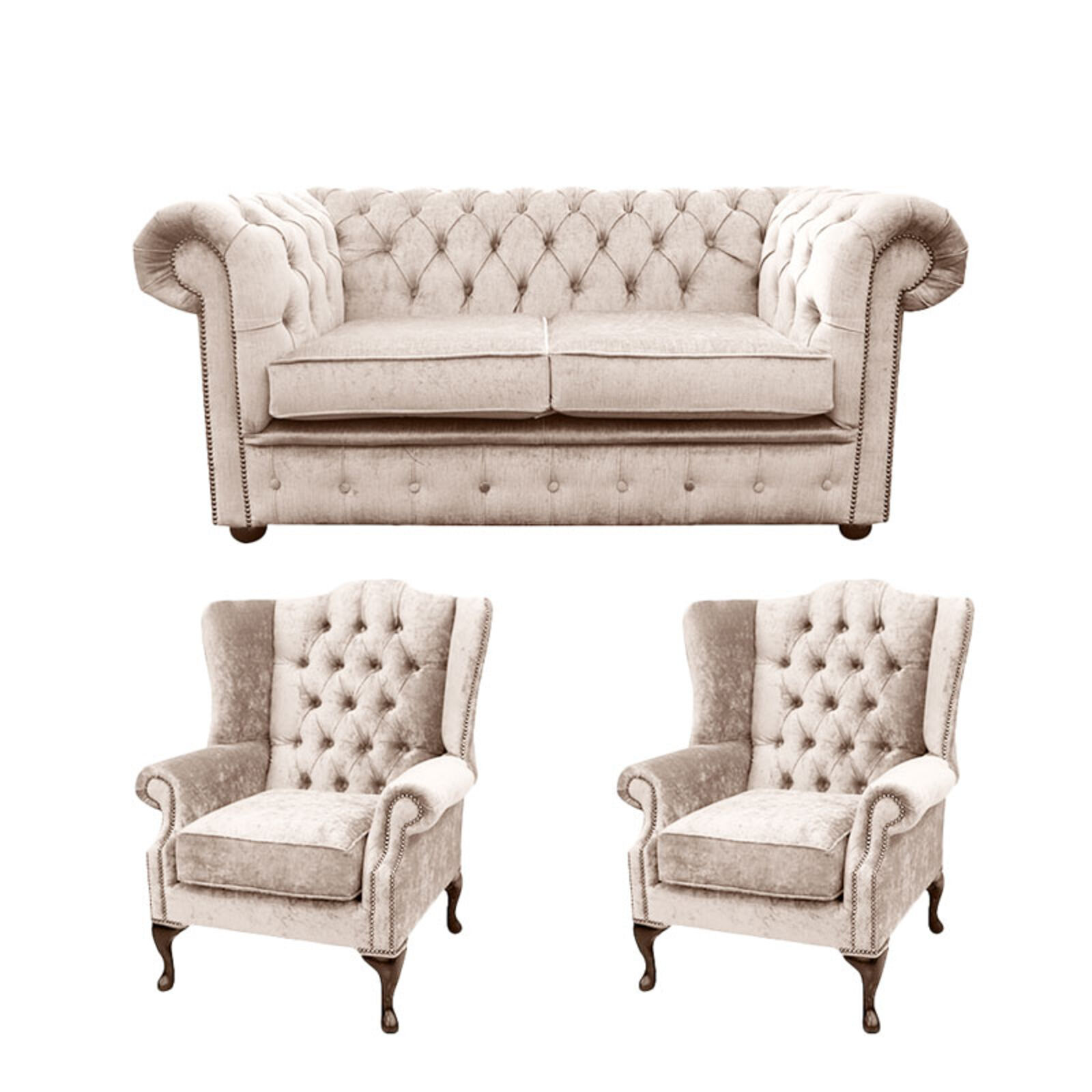 Product photograph of Chesterfield 2 Seater Sofa 2 X Mallory Wing Chair Harmony Ivory Velvet Sofa Suite Offer from Designer Sofas 4U