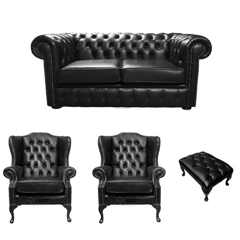 Chesterfield 2 Seater Sofa + 2 x Mallory Wing Chairs + Footstool Old English Black Leather Sofa Offer