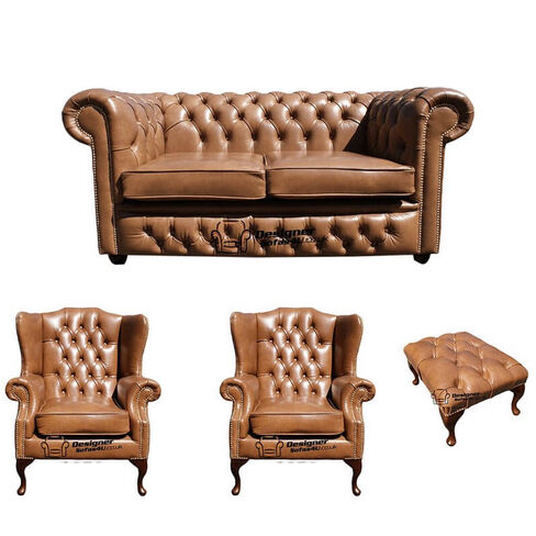 Chesterfield 2 Seater Sofa + 2 x Mallory Wing Chairs + Footstool Old English Tan Leather Sofa Offer