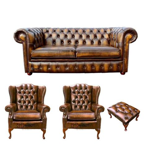 Chesterfield 2 Seater Sofa + 2 x Mallory Wing Chair + Footstool Leather Sofa Suite Offer Antique Gold