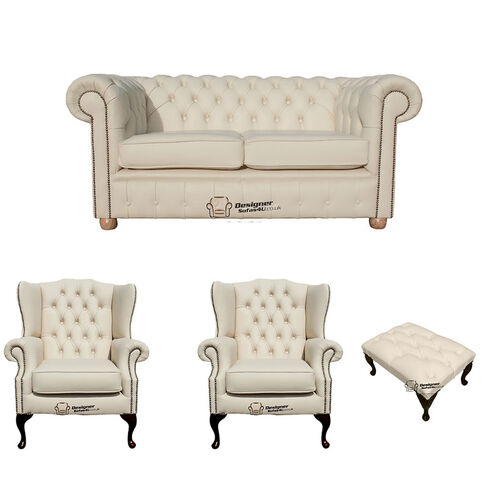 Chesterfield 2 Seater Sofa + 2 x Mallory Wing Chair + Footstool Leather Sofa Suite Offer Cottonseed Cream