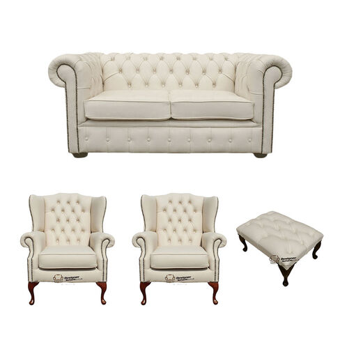 Chesterfield 2 Seater Sofa + 2 x Mallory Wing Chair + Footstool Leather Sofa Suite Offer Ivory