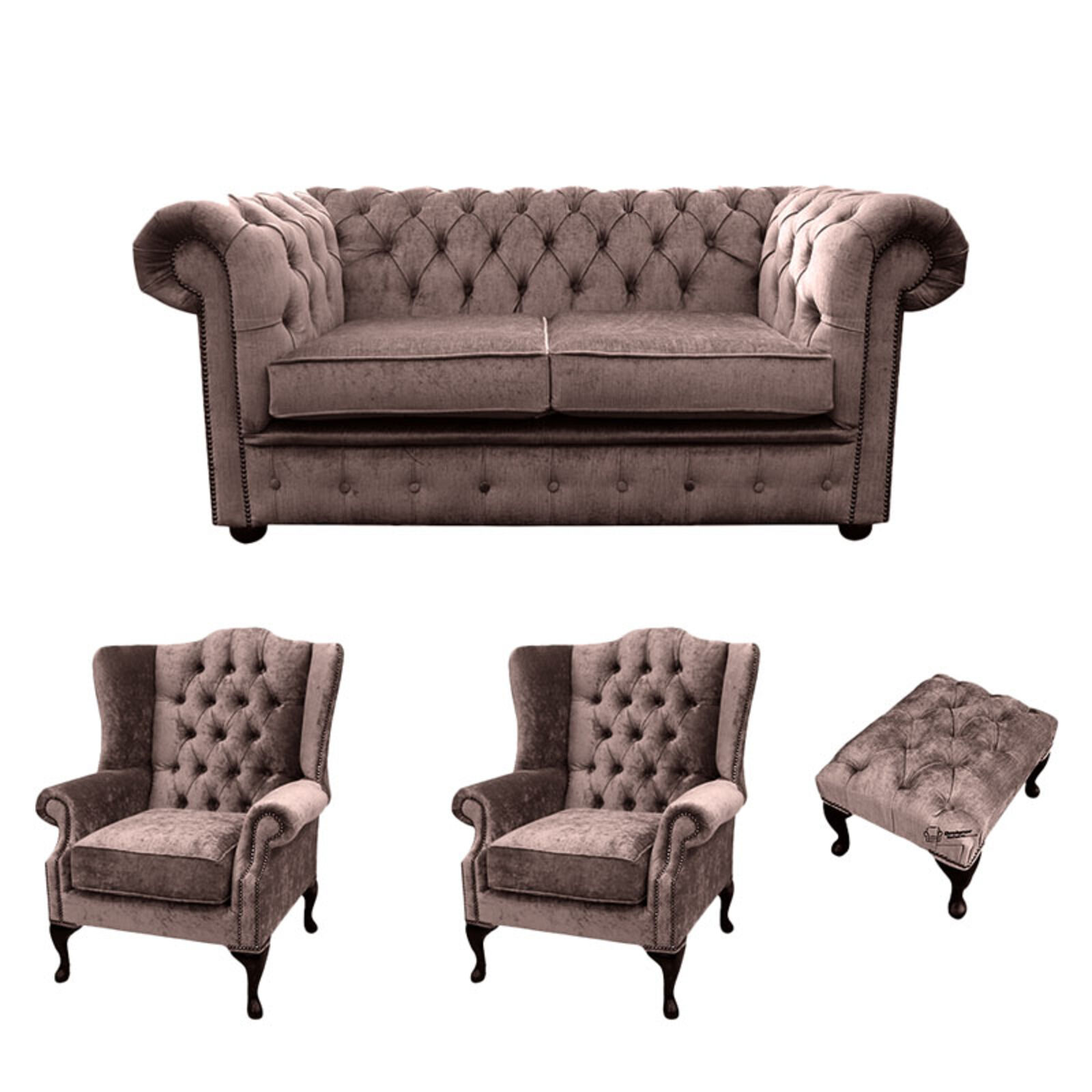 Product photograph of Chesterfield 2 Seater Sofa 2 X Mallory Wing Chair Footstool Harmony Charcoal Velvet Sofa Suite Offer from Designer Sofas 4U