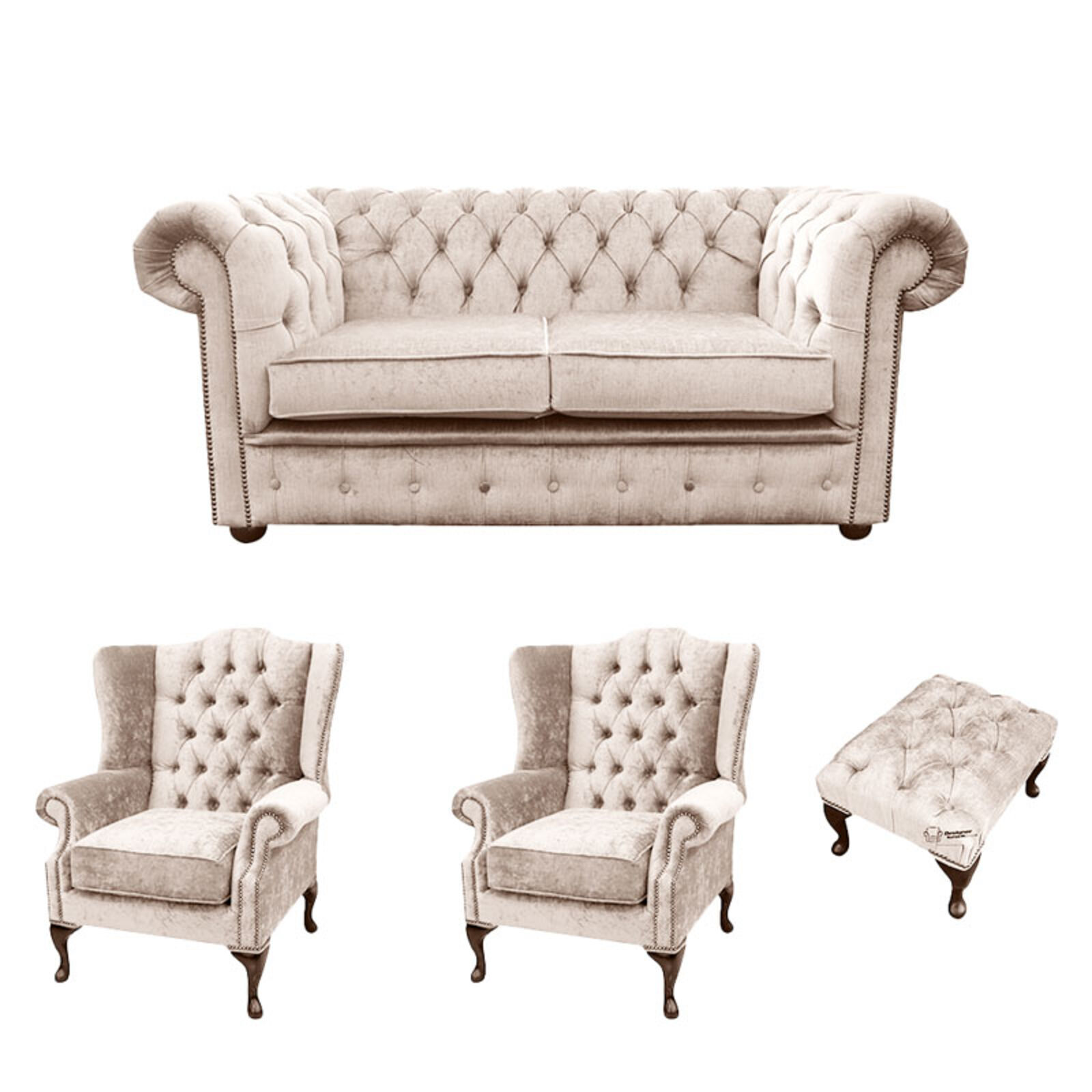Product photograph of Chesterfield 2 Seater Sofa 2 X Mallory Wing Chair Footstool Harmony Ivory Velvet Sofa Suite Offer from Designer Sofas 4U