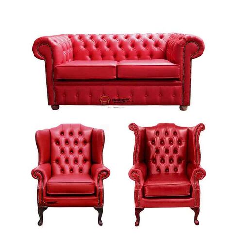Chesterfield 2 Seater Sofa + 1 x Mallory Wing Chair + 1 x Queen Anne Chair Old English Gamay Red Leather Sofa Offer