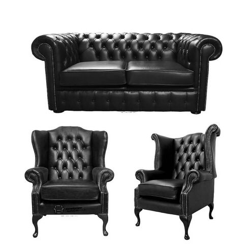 Chesterfield 2 Seater Sofa + 1 x Mallory Wing Chair + 1 x Queen Anne Chair Old English Black Leather Sofa Offer