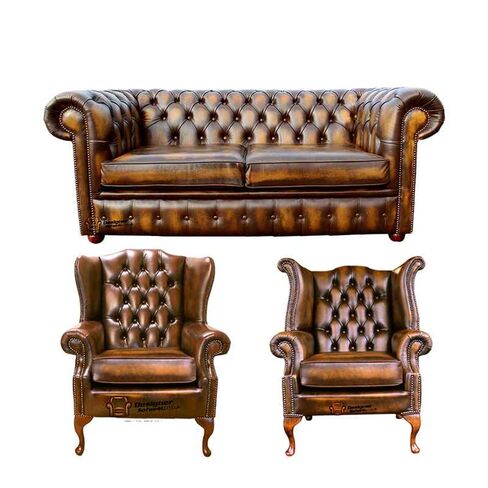 Chesterfield 2 Seater Sofa + 1 x Mallory Wing Chair + 1 x Queen Anne Wing Chair Leather Sofa Suite Offer Antique Gold