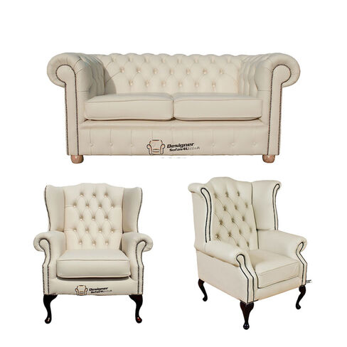 Chesterfield 2 Seater Sofa + 1 x Mallory Wing Chair + 1 x Queen Anne Wing Chair Leather Sofa Suite Offer Cottonseed Cream