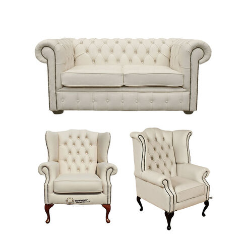 Chesterfield 2 Seater Sofa + 1 x Mallory Wing Chair + 1 x Queen Anne Wing Chair Leather Sofa Suite Offer Ivory