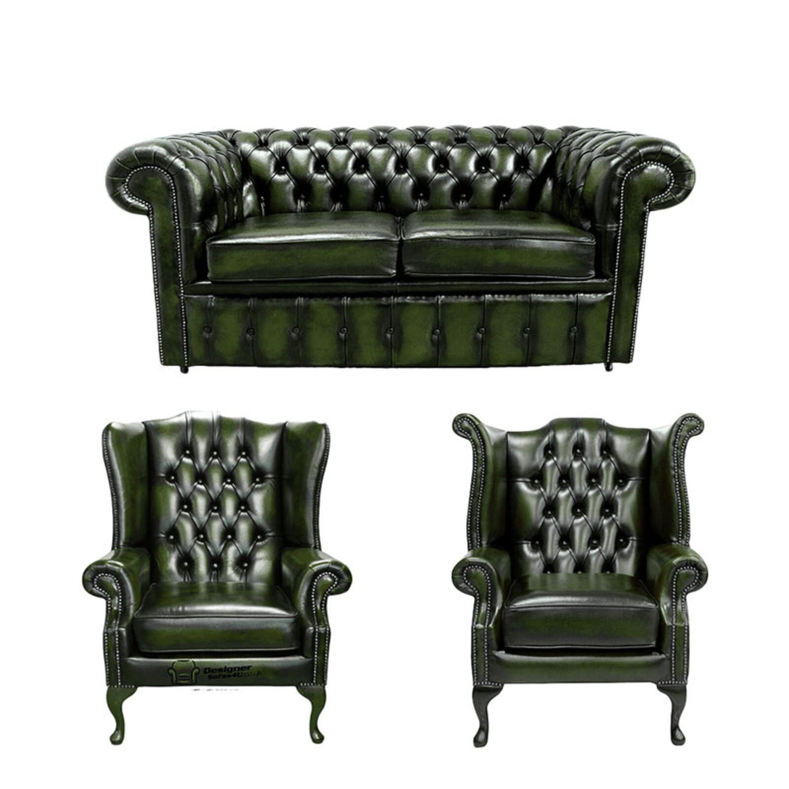 Product photograph of Chesterfield 2 Seater Sofa 1 X Mallory Wing Chair 1 X Queen Anne Wing Chair Leather Sofa Suite Offer Antique Green from Designer Sofas 4U