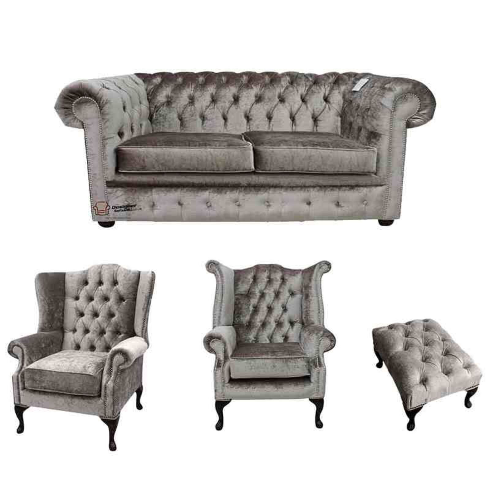 Product photograph of Chesterfield 2 Seater Sofa 1 X Mallory Wing Chair 1 X Queen Anne Wing Chair Footstool Verity Silver Fabric Sofa Suite Offer from Designer Sofas 4U