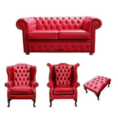 Chesterfield 2 Seater Sofa + 1 x Mallory Wing Chair + 1 x Queen Anne Chair + Footstool Old English Gamay Red Leather Sofa Offer