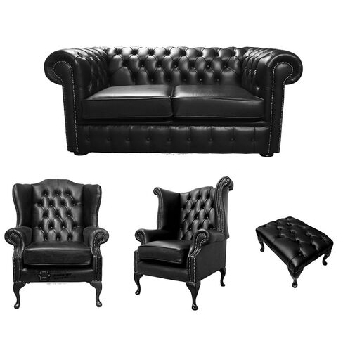 Chesterfield 2 Seater Sofa + 1 x Mallory Wing Chair + 1 x Queen Anne Chair + Footstool Old English Black Leather Sofa Offer
