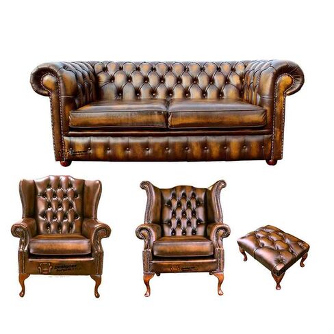 Chesterfield 2 Seater Sofa + 1 x Mallory Wing Chair + 1 x Queen Anne Wing Chair+Footstool Leather Sofa Suite Offer Antique Gold