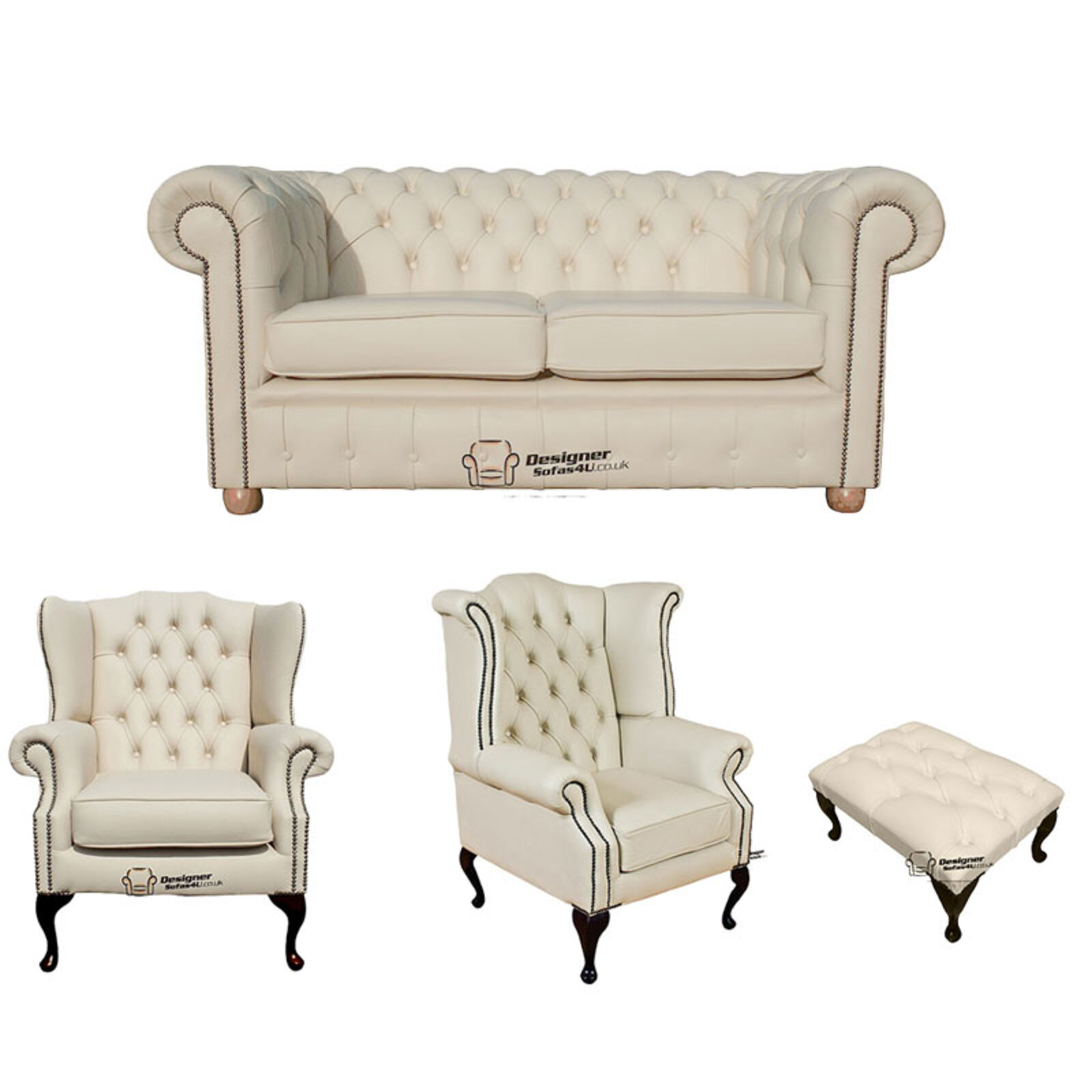 Product photograph of Chesterfield 2 Seater Sofa 1 X Mallory Wing Chair 1 X Queen Anne Wing Chair Footstool Leather Sofa Suite Offer Cottonseed Cream from Designer Sofas 4U