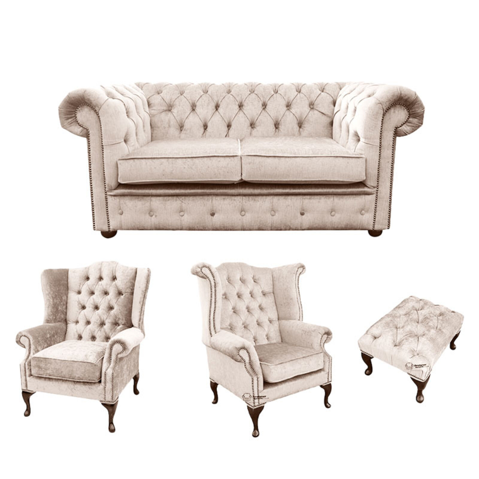 Product photograph of Chesterfield 2 Seater Sofa 1 X Mallory Wing Chair 1 X Queen Anne Wing Chair Footstool Harmony Ivory Velvet Sofa Suite Offer from Designer Sofas 4U