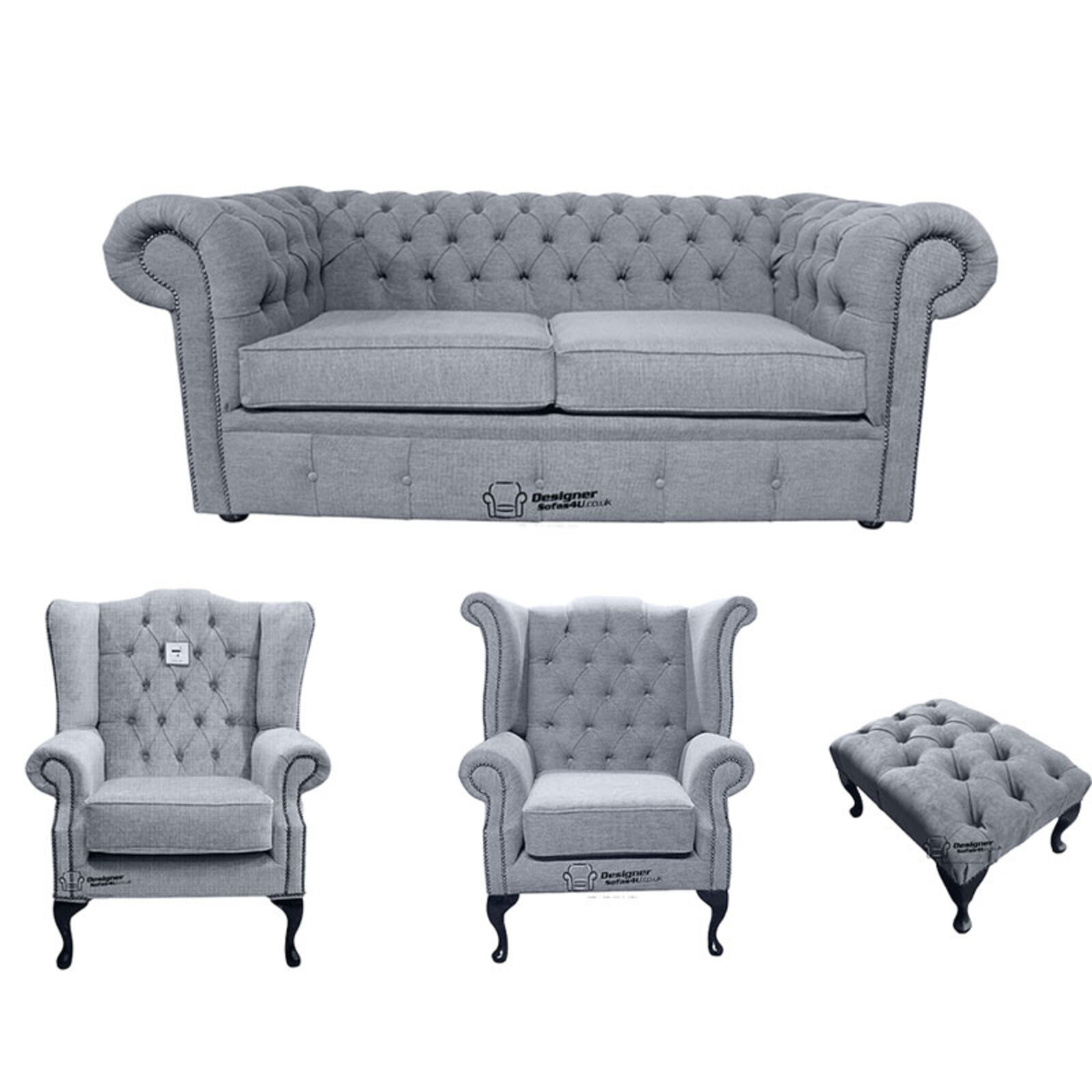 Product photograph of Chesterfield 2 Seater Sofa 1 X Mallory Wing Chair 1 X Queen Anne Wing Chair Footstool Verity Plain Steel Fabric Sofa Suite Offer from Designer Sofas 4U