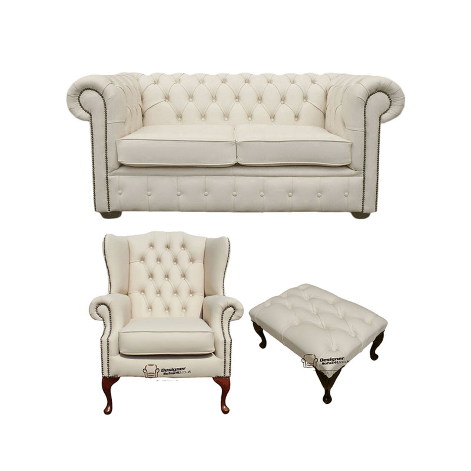 Product photograph of Chesterfield 2 Seater Sofa Mallory Wing Chair Footstool Leather Sofa Suite Offer Ivory from Designer Sofas 4U