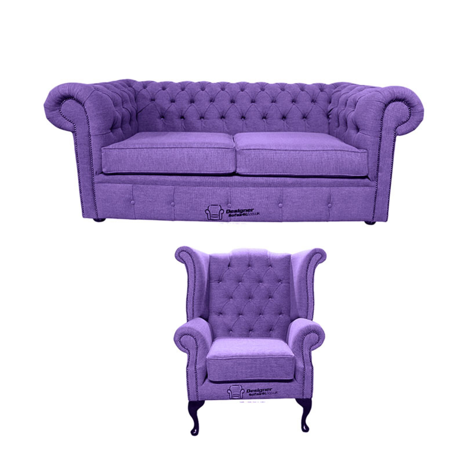 Product photograph of Chesterfield 2 Seater Sofa Queen Anne Wing Chair Verity Purple Fabric Sofa Suite Offer from Designer Sofas 4U