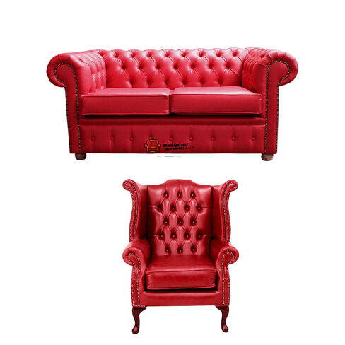 Chesterfield 2 Seater Sofa + Queen Anne Chair Old English Gamay Red Leather Sofa Offer