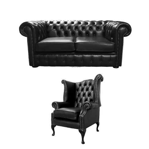 Chesterfield 2 Seater Sofa + Queen Anne Chair Old English Black Leather Sofa Offer
