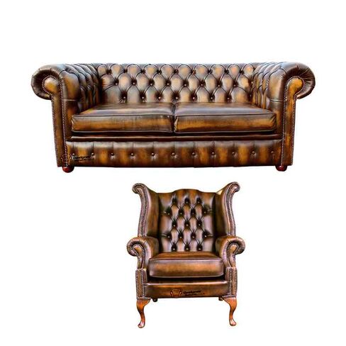 Chesterfield 2 Seater Sofa + Queen Anne Wing Chair Leather Sofa Suite Offer Antique Gold