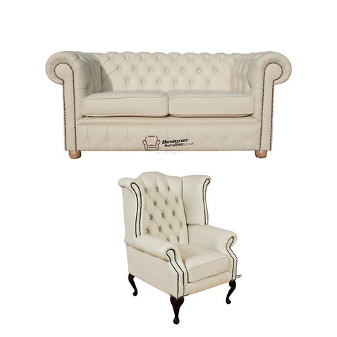 Chesterfield 2 Seater Sofa + Queen Anne Wing Chair Leather Sofa Suite Offer Cottonseed Cream