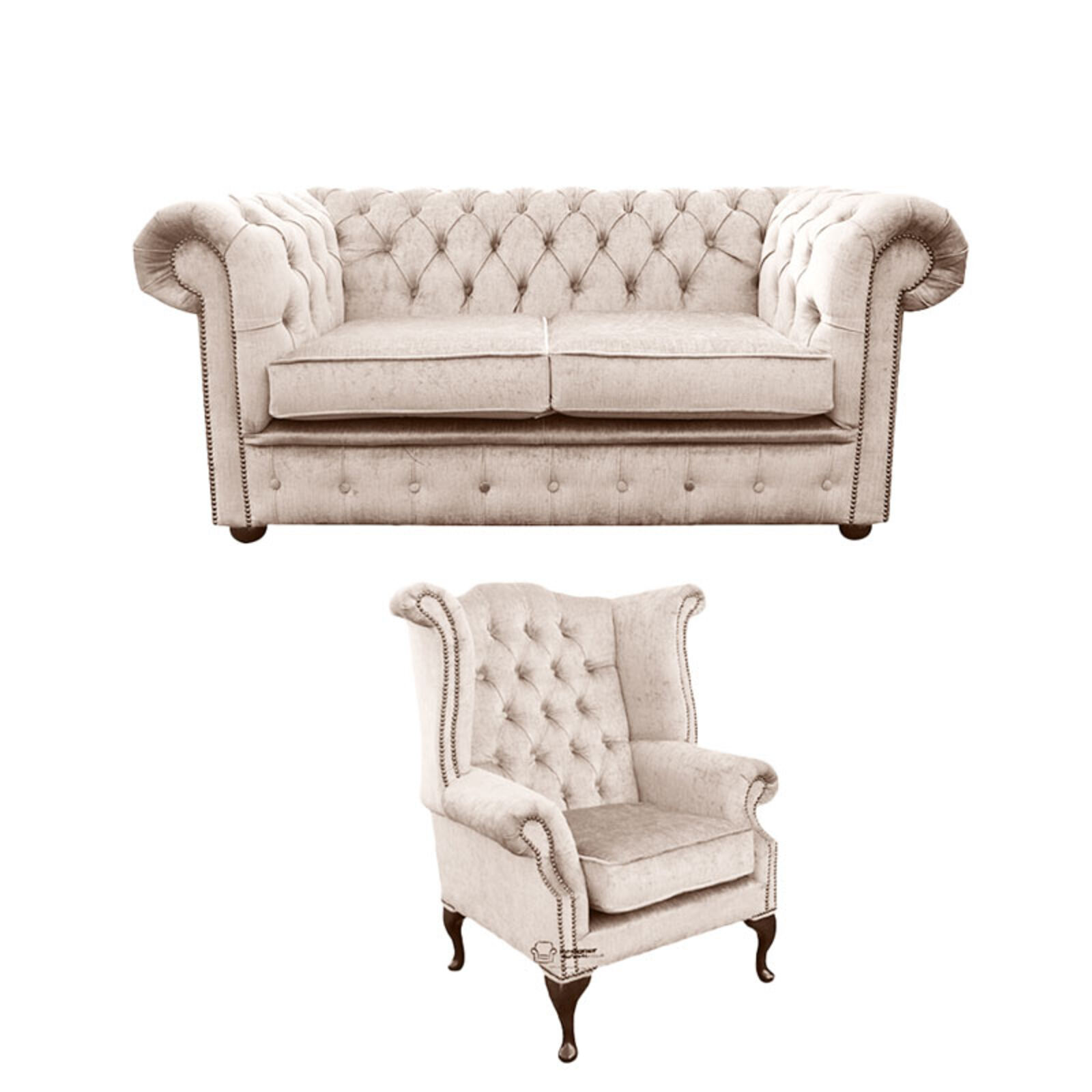 Product photograph of Chesterfield 2 Seater Sofa Queen Anne Wing Chair Harmony Ivory Velvet Sofa Suite Offer from Designer Sofas 4U