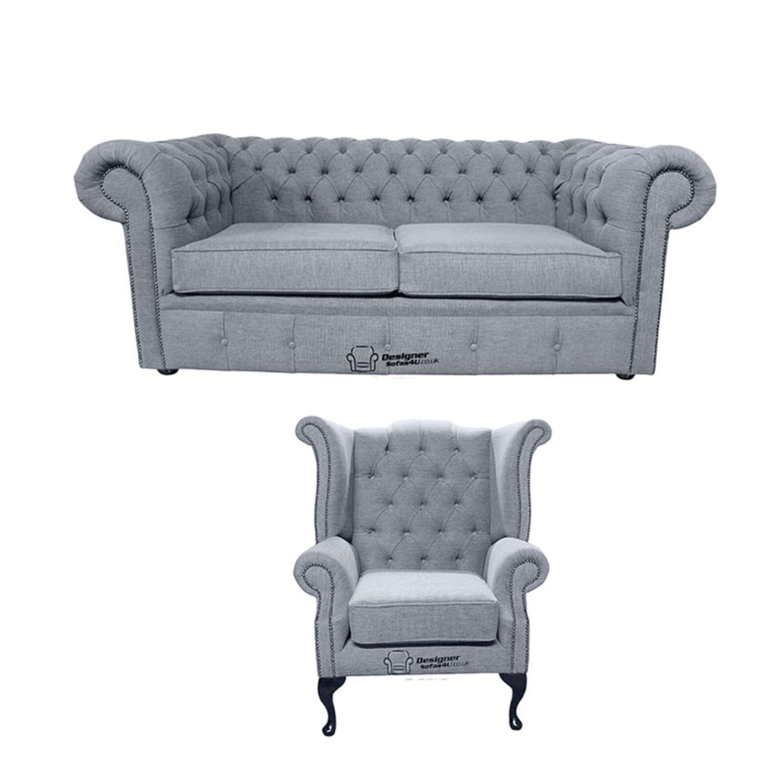 Product photograph of Chesterfield 2 Seater Sofa Queen Anne Wing Chair Verity Plain Steel Fabric Sofa Suite Offer from Designer Sofas 4U
