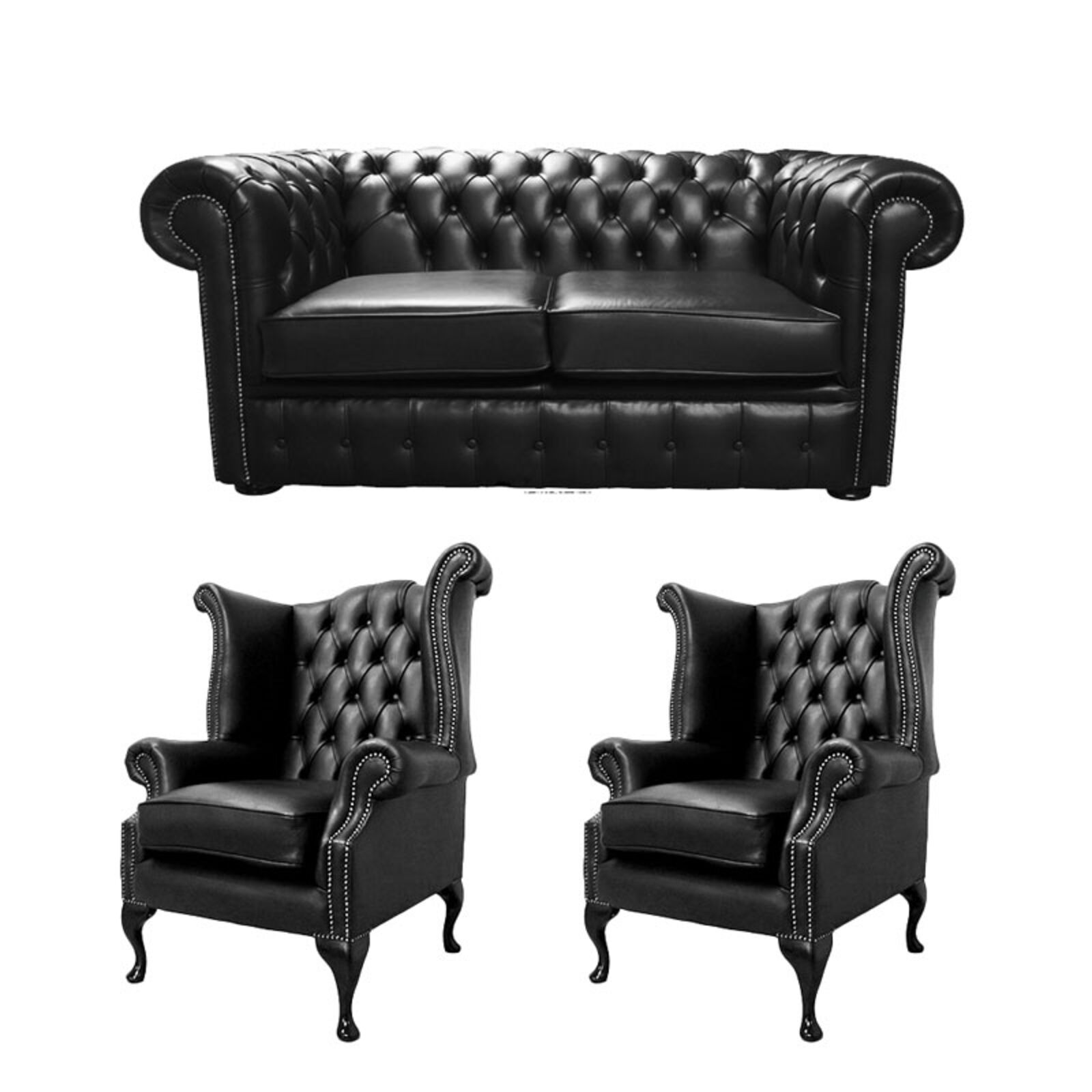 Product photograph of Chesterfield 2 Seater Sofa 2 X Queen Anne Chairs Old English Black Leather Sofa Offer from Designer Sofas 4U