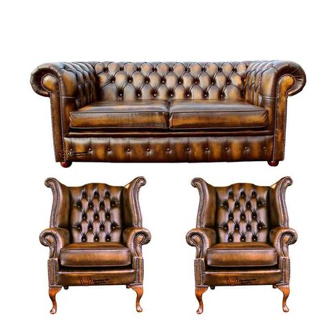 Chesterfield 2 Seater Sofa + 2 x Queen anne Chairs Leather Sofa Suite Offer Antique Gold