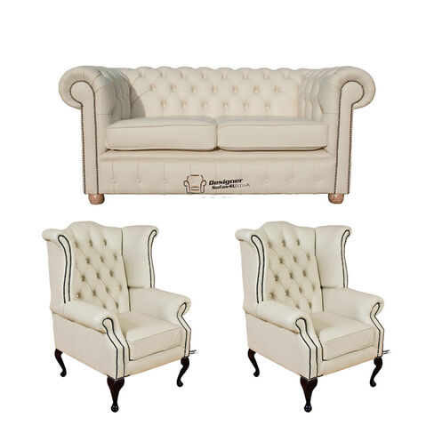 Chesterfield 2 Seater Sofa + 2 x Queen anne Chairs Leather Sofa Suite Offer Cottonseed Cream
