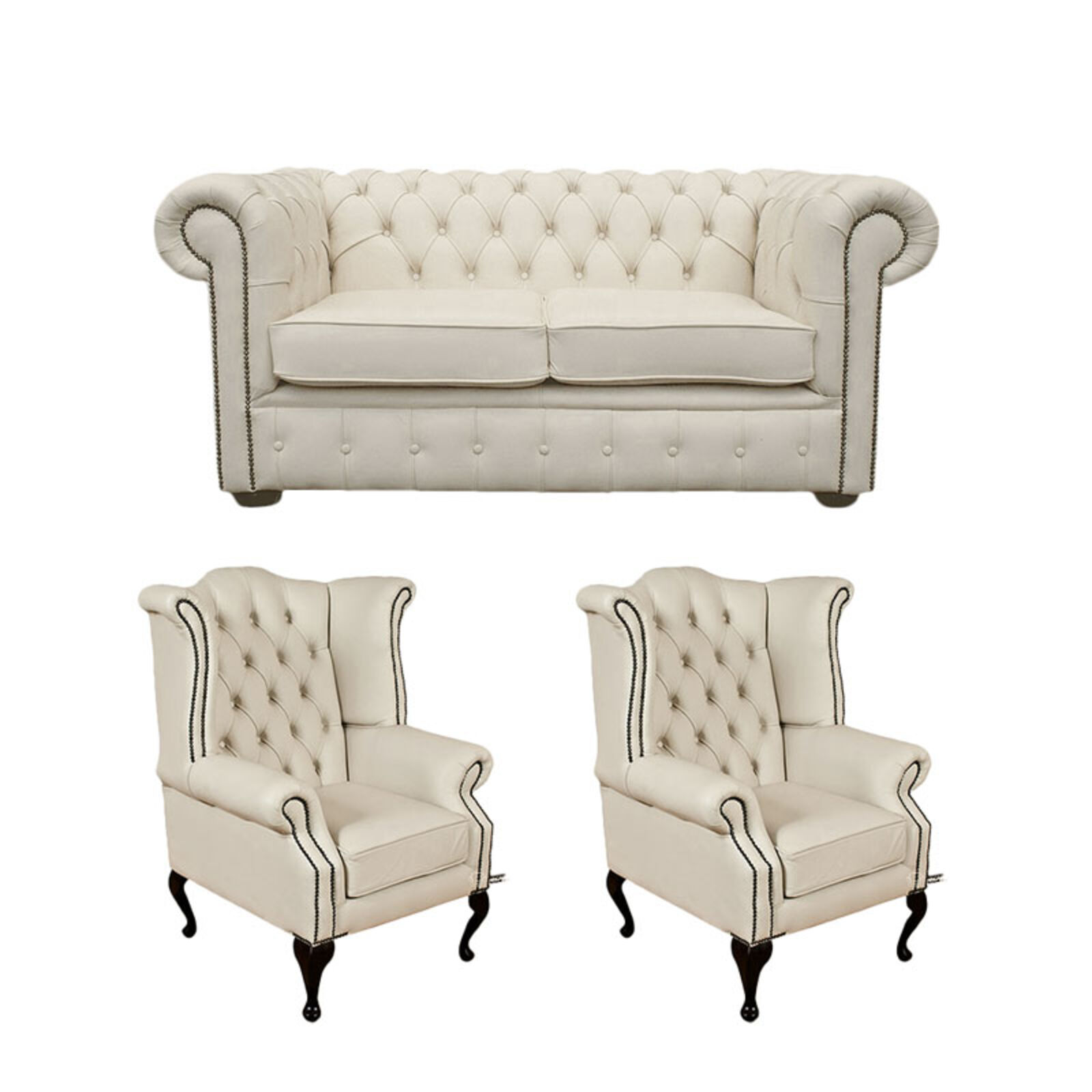 Product photograph of Chesterfield 2 Seater Sofa 2 X Queen Anne Chairs Leather Sofa Suite Offer Ivory from Designer Sofas 4U