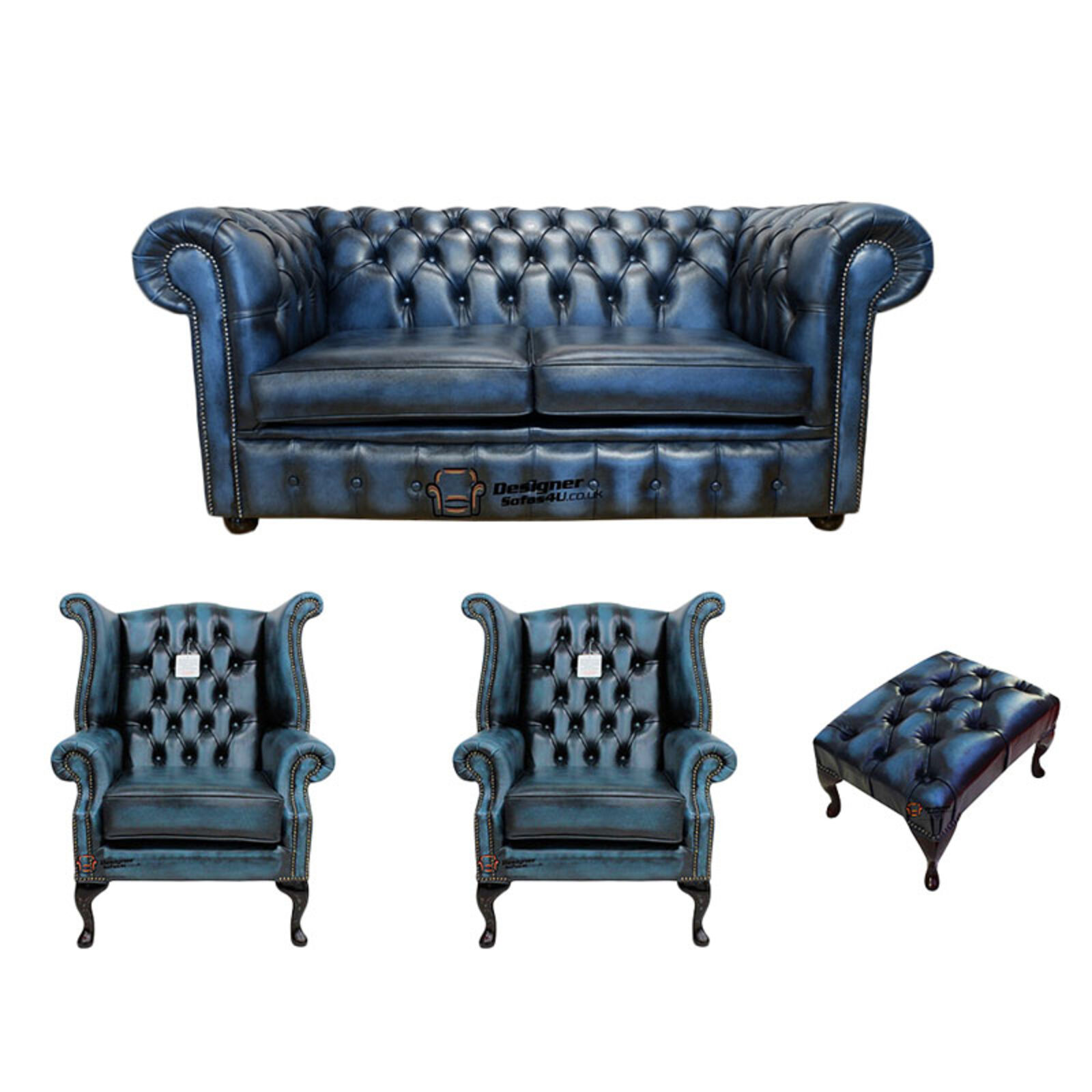 Product photograph of Chesterfield 2 Seater Sofa 2 X Queen Anne Chairs Footstool Leather Sofa Suite Offer Antique Blue from Designer Sofas 4U