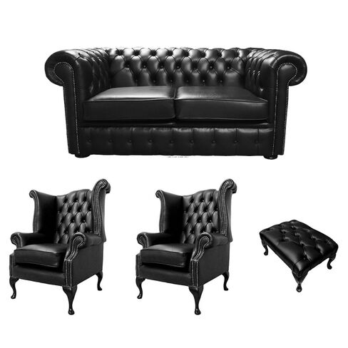 Chesterfield 2 Seater Sofa + 2 x Queen Anne Chairs + Footstool Old English Black Leather Sofa Offer