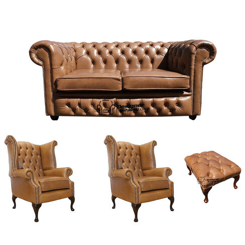 Chesterfield 2 Seater Sofa + 2 x Queen Anne Chairs + Footstool Old English Tan Leather Sofa Offer