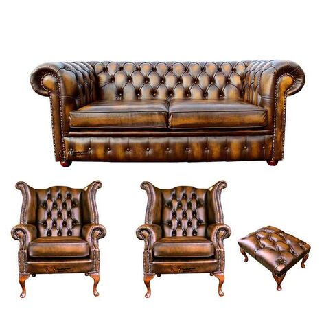 Chesterfield 2 Seater Sofa + 2 x Queen Anne Chairs+Footstool Leather Sofa Suite Offer Antique Gold