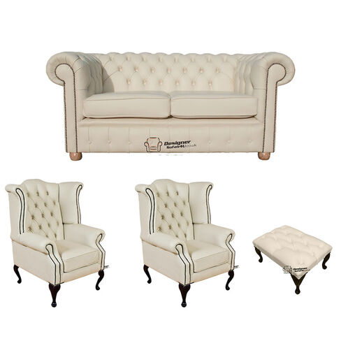 Chesterfield 2 Seater Sofa + 2 x Queen Anne Chairs+Footstool Leather Sofa Suite Offer Cottonseed Cream