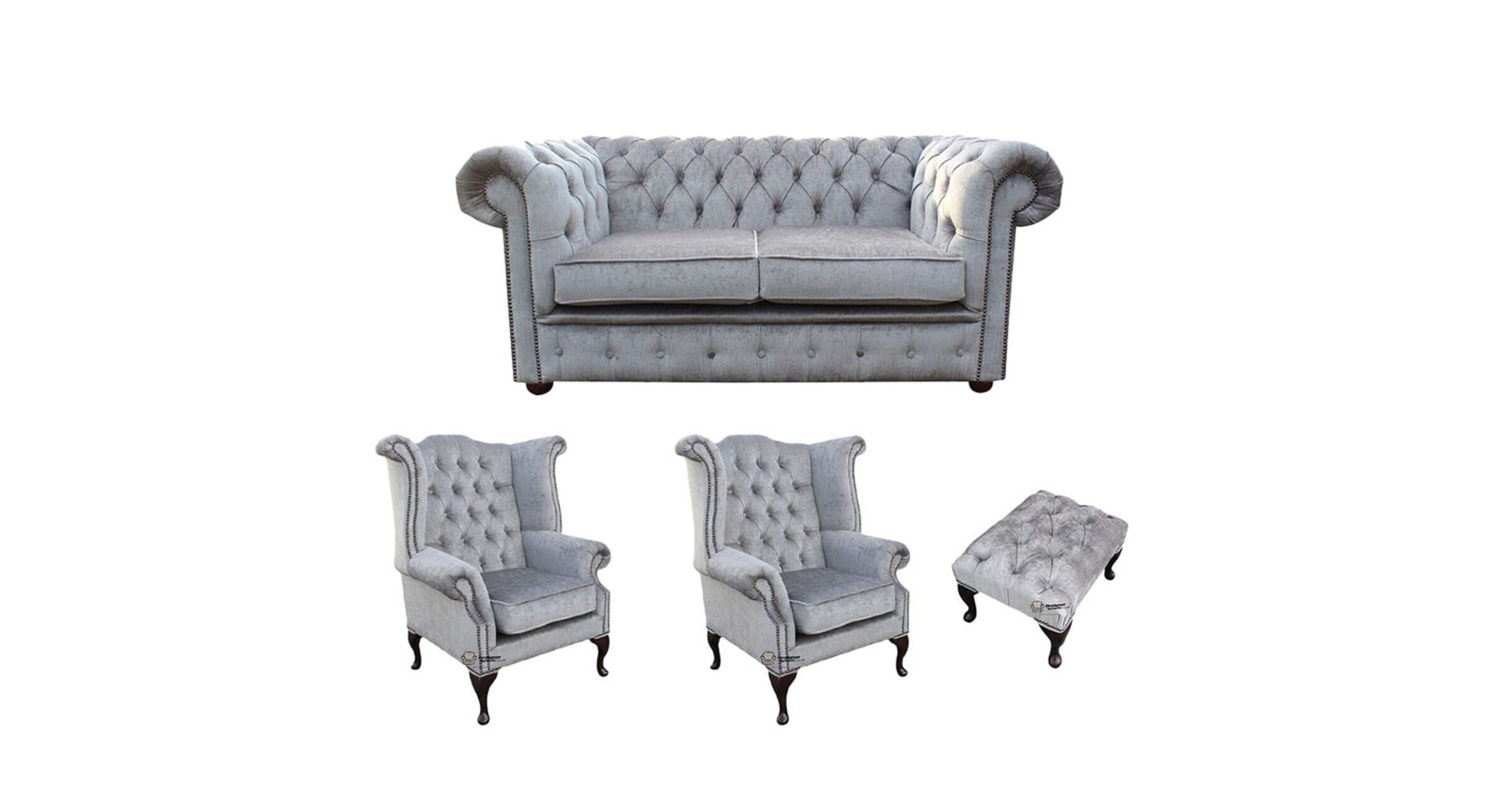 Chesterfield 2 Seater Sofa + 2 x Queen Anne Wing Chairs + Footstool Harmony Dusk Velvet Sofa