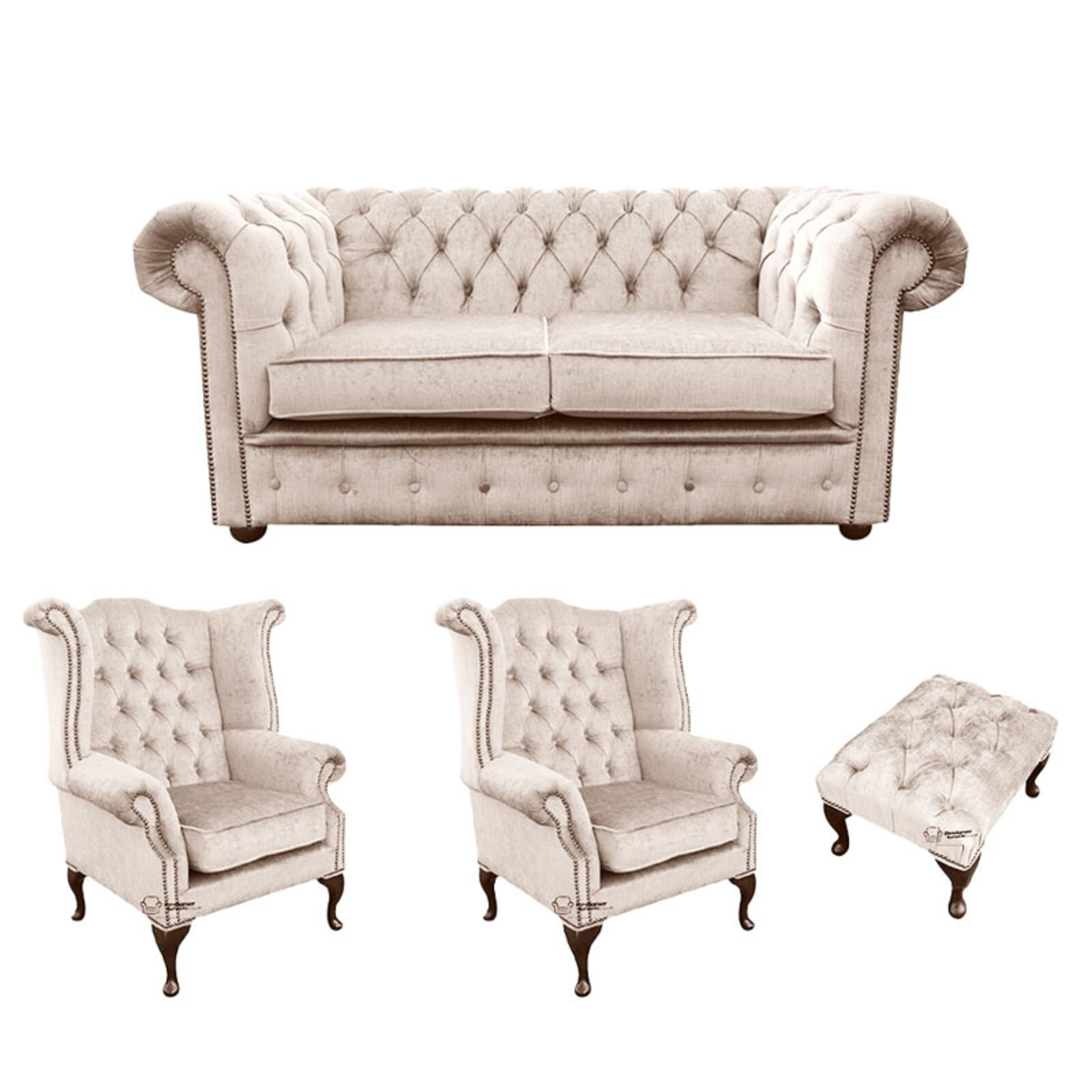 Product photograph of Chesterfield 2 Seater Sofa 2 X Queen Anne Wing Chairs Footstool Harmony Ivory Velvet Sofa Suite Offer from Designer Sofas 4U