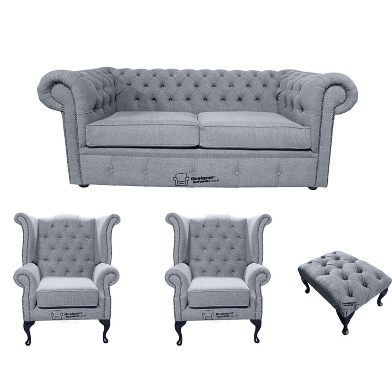 Product photograph of Chesterfield 2 Seater Sofa 2 X Queen Anne Wing Chairs Footstool Verity Plain Steel Fabric Sofa Suite Offer from Designer Sofas 4U