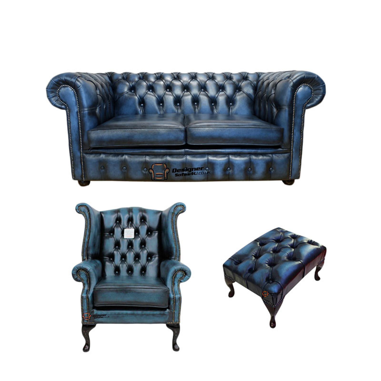 Product photograph of Chesterfield 2 Seater Sofa Queen Anne Footstool Leather Sofa Suite Offer Antique Blue from Designer Sofas 4U