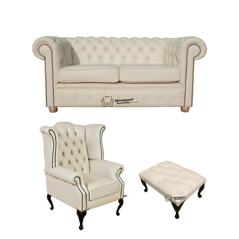 Chesterfield 2 Seater Sofa + Queen Anne + Footstool Leather Sofa Suite Offer Cottonseed Cream
