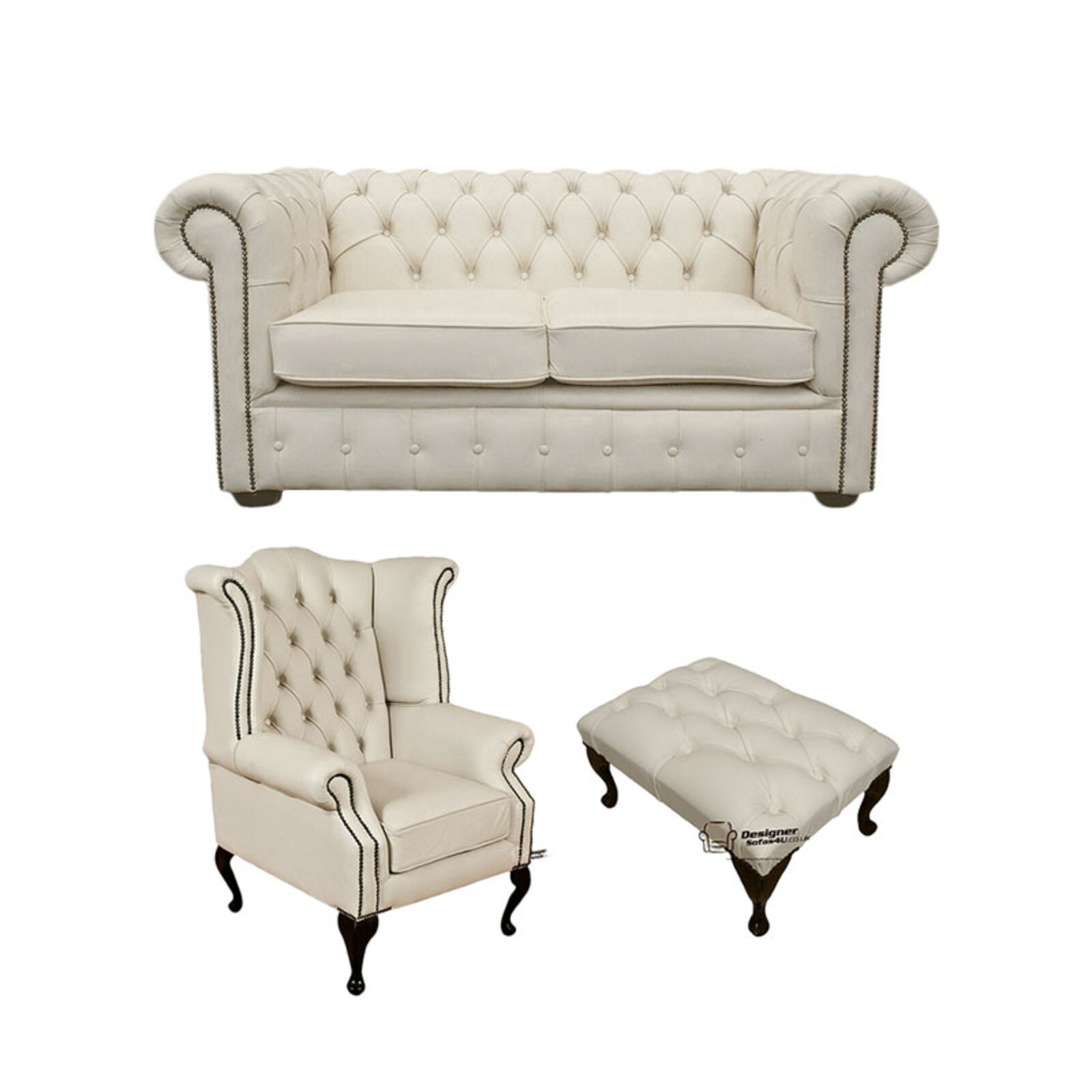 Product photograph of Chesterfield 2 Seater Sofa Queen Anne Footstool Leather Sofa Suite Offer Ivory from Designer Sofas 4U