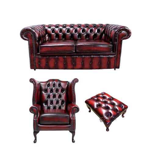 Chesterfield 2 Seater Sofa + Queen Anne + Footstool Leather Sofa Suite Offer Antique Oxblood