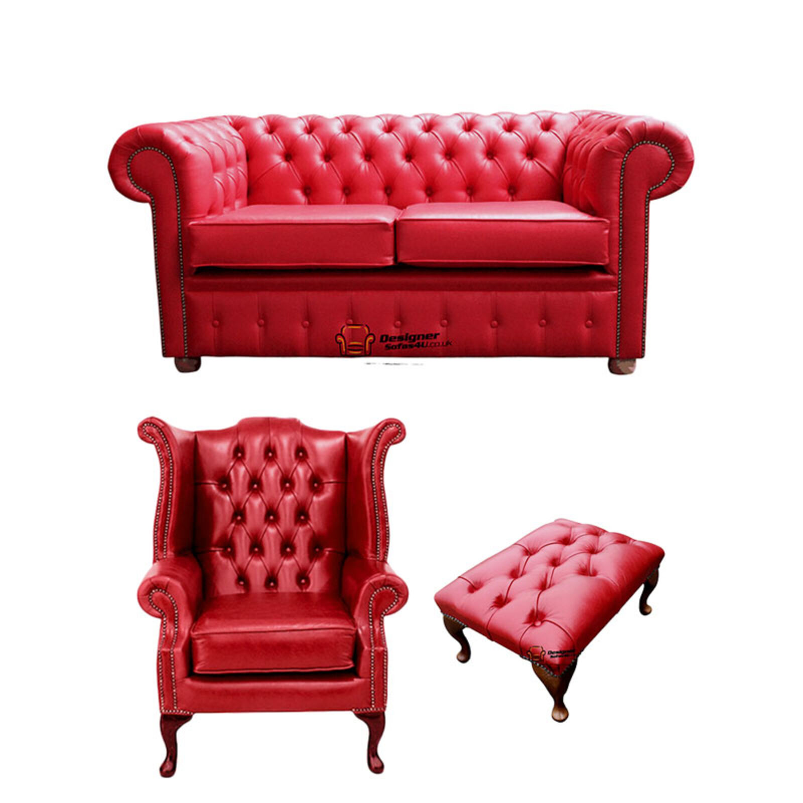 Product photograph of Chesterfield 2 Seater Sofa Queen Anne Chairs Footstool Old English Gamay Red Leather Sofa Offer from Designer Sofas 4U