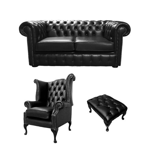 Chesterfield 2 Seater Sofa + Queen Anne Chairs + Footstool Old English Black Leather Sofa Offer