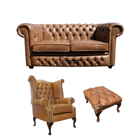 Chesterfield 2 Seater Sofa + Queen Anne Chairs + Footstool Old English Tan Leather Sofa Offer