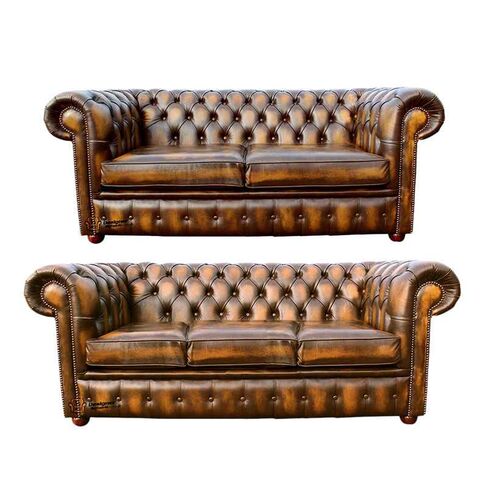 Chesterfield 3+2 Leather Sofa Offer Antique Gold